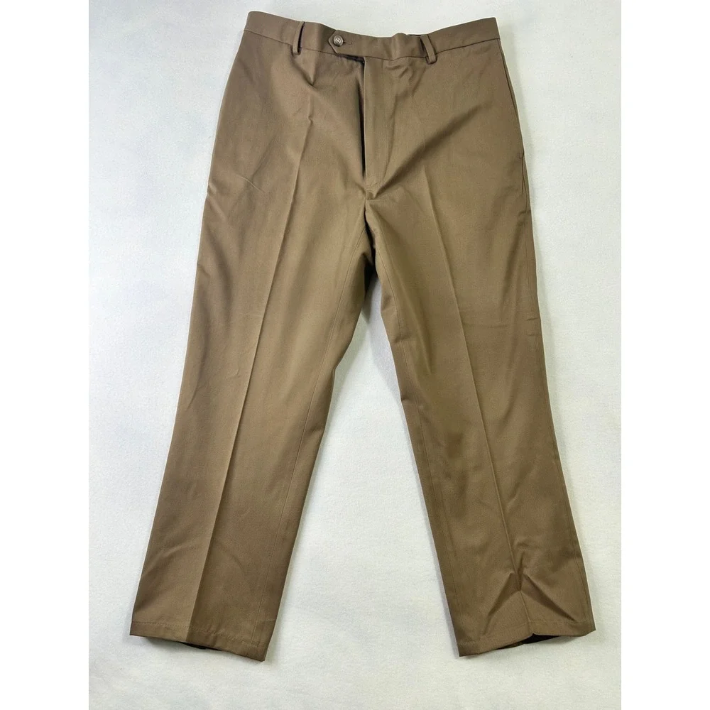 Mens 37x29 Brown Twill Flat Front Straight Leg Dress Trousers Chino Pants Khaki